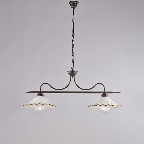 Lampadario in ferro laccato nero e decorazione effetto ruggine A 2 luci MOD OSTERIA Dimensioni 83x30xh 36 cm allungabile fino a 96 con diffusori in ceramica diametro 30 bianco e marrone