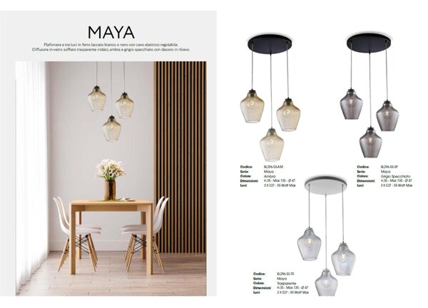 Sospensione Maya �47xH35-135 cm, Ambra, 3 luci E27 - 55 Watt Max, Ferro Laccato Nero con Diffusori in Vetro Soffiato