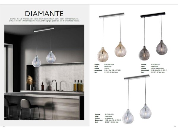 Sospensione Diamante �45xH32 - MAX 132 cm, Grigio Specchiato, Ferro Laccato Nero e Vetro Soffiato
