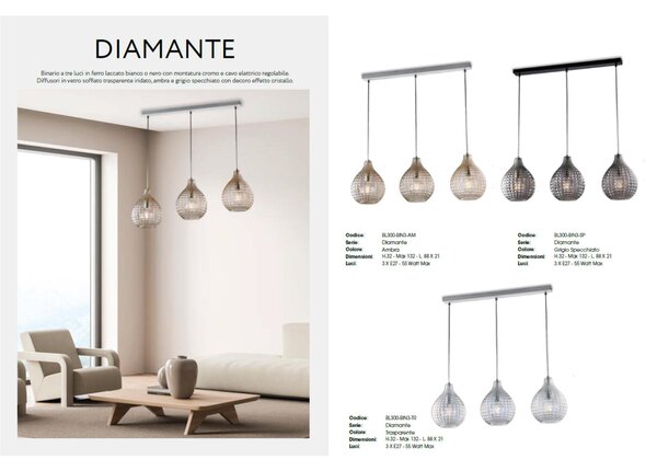 Sospensione Diamante �45xH32-132 cm, Ambra, in Ferro Laccato Bianco e Cromo, 3 X E27 - 55 Watt Max