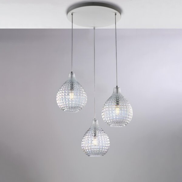 Sospensione Diamante �45xH32 - MAX 132 cm, Trasparente, Ferro Laccato Bianco e Cromo, Vetro Soffiato con Decoro Effetto Cristallo, 3 X E27 - 55 Watt Max