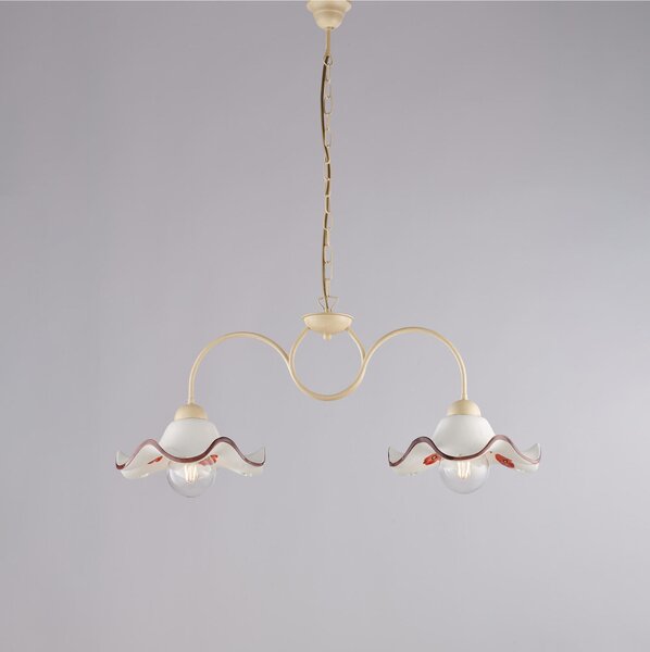 Lampadario in ferro laccato avorio e decorazione effetto decap� A 2 luci MOD ANEMONE Dimensioni 81x30xh 34 cm allungabile fino a 96 diffusori in ceramica