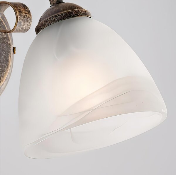 Applique da muro in ferro laccato marrone con decorazione oro antico FORGIATO Dimensione 23x23xh 20 cm sfere in Vetro alabastro bianco 1 luce