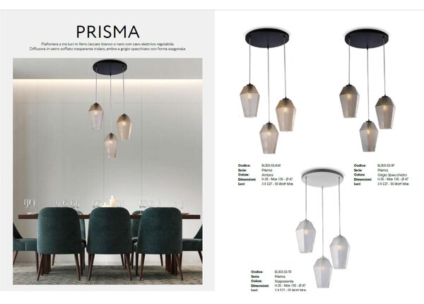 Sospensione Prisma H.35 - MAX 135 - �47 cm, Colore Ambra, Ferro Laccato Nero e Vetro Soffiato, 3 X E27 - 55 Watt Max