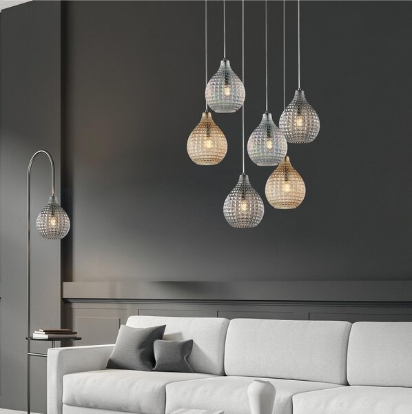 Sospensione in ferro laccato bianco e montatura cromo A 1 luci MOD DIAMANTE Dimensioni 21xh 32 cm allungabile fino a 132 diffusori in vetro Ambra