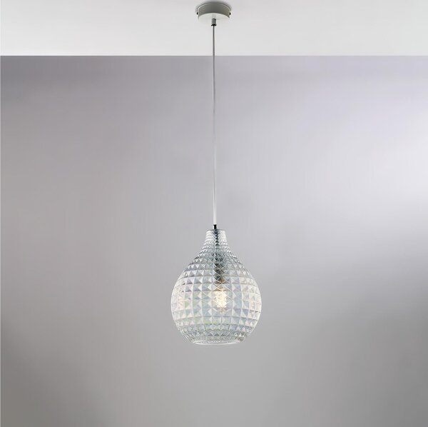 Sospensione in ferro laccato bianco e montatura cromo A 1 luci MOD DIAMANTE Dimensioni 21xh 32 cm allungabile fino a 132 diffusori in vetro Trasparente