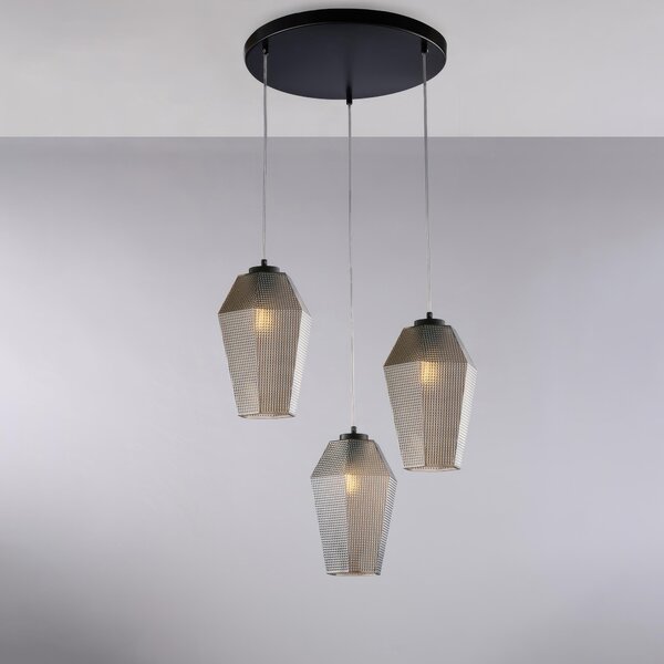 Sospensione Prisma in Ferro Laccato Nero con Diffusori in Vetro Soffiato Grigio Specchiato, H35 - MAX 135 - �47 cm, 3 X E27 - 55 Watt Max, Grigio Specchiato