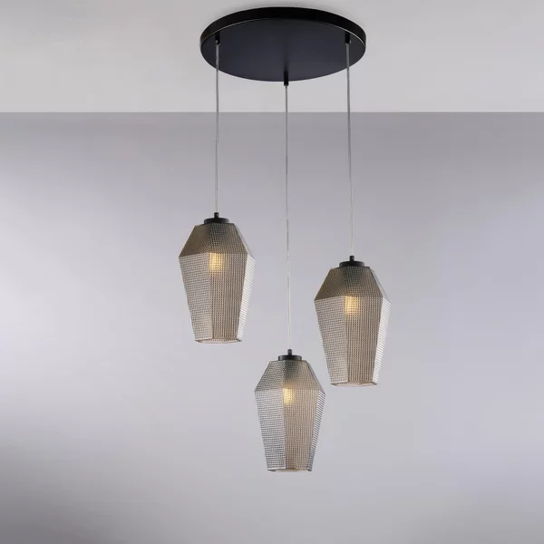 Sospensione Prisma in Ferro Laccato Nero con Diffusori in Vetro Soffiato Grigio Specchiato, H35 - MAX 135 - �47 cm, 3 X E27 - 55 Watt Max, Grigio Specchiato