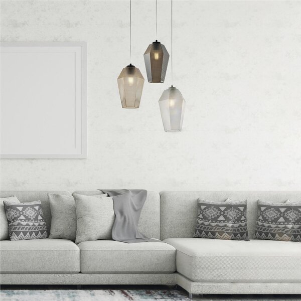 Sospensione in ferro laccato bianco e montatura cromo A 1 luce MOD PRISMA Dimensioni 21xh 35 cm allungabile fino a 135 diffusori in vetro Ambra