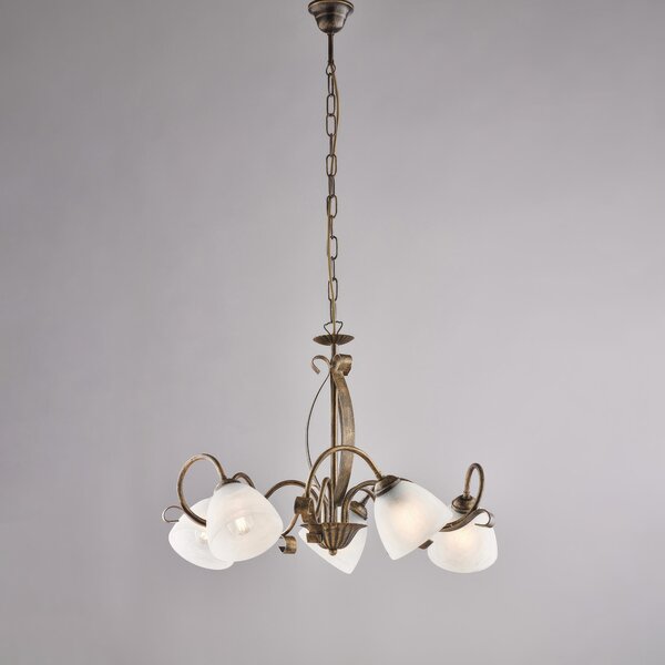 Lampadario Forgiato in Ferro Laccato Marrone con Decorazione Oro Antico, 45xMAX 105x�64 cm, 5 Luci E14 - 42 Watt Max, Diffusori in Vetro Alabastro Bianco