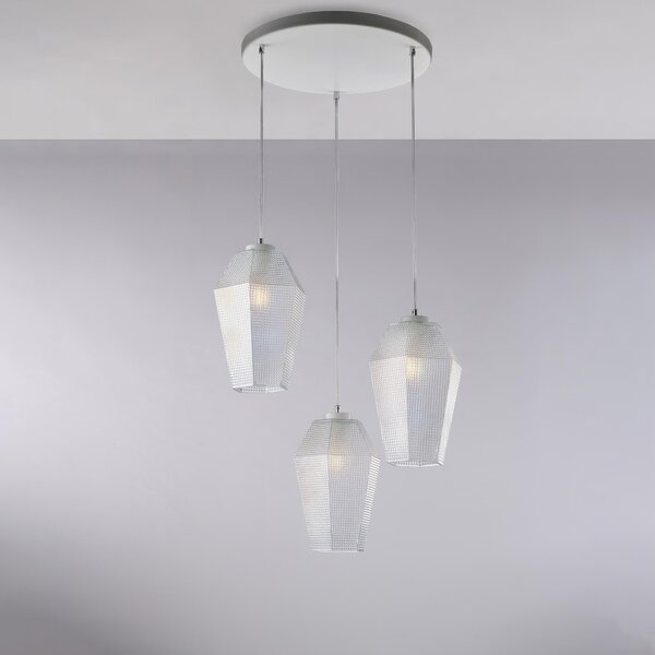 Sospensione Prisma �47xH35-135 cm, Bianco, Ferro Laccato e Vetro Soffiato Trasparente con Decoro in Rilievo, 3 X E27 - 55 Watt Max