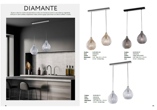 Sospensione in ferro laccato bianco e montatura cromo A 1 luci MOD DIAMANTE Dimensioni 21xh 32 cm allungabile fino a 132 diffusori in vetro Grigio Specchiato
