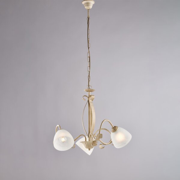 Lampadario Forgiato in Ferro Laccato Avorio con Decorazione Oro Antico, �51xH43 - MAX 103 cm, 3 Luci E14 - 42 Watt Max, Diffusori in Vetro Alabastro Bianco - Colore Avorio Oro