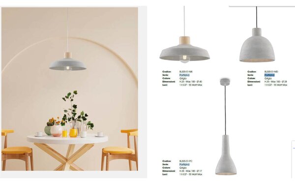 Sospensione in ferro laccato grigio con diffusore in cemento diametro MOD PORTLAND Diametro 40x h 25 cm e Legno