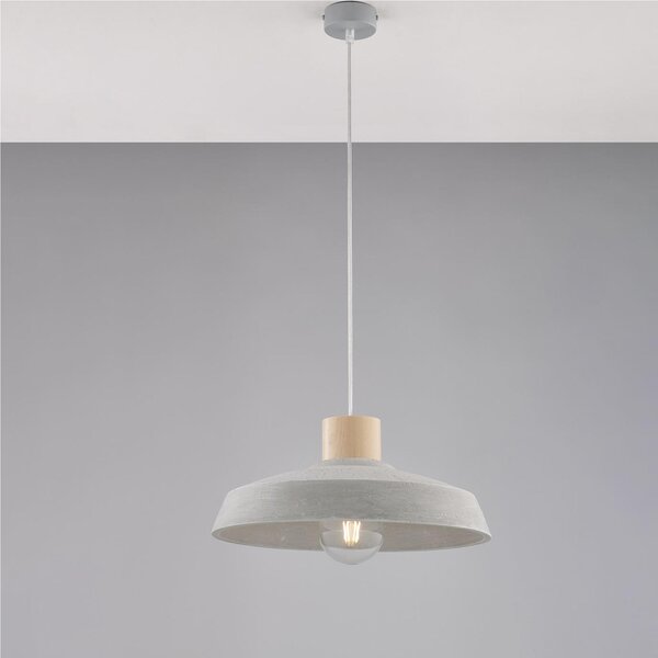 Sospensione in ferro laccato grigio con diffusore in cemento diametro MOD PORTLAND Diametro 40x h 25 cm e Legno