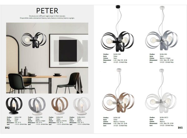Sospensione Peter �48xH.30 - MAX 130 cm, Bianco Tortora, Ferro Laccato con Fasce Tagliate a Laser, 3 X E27 - 55 Watt Max