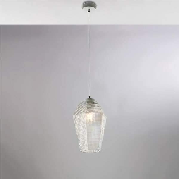 Sospensione in ferro laccato bianco e montatura cromo A 1 luce MOD PRISMA Dimensioni 21xh 35 cm allungabile fino a 135 diffusori in vetro Trasparente