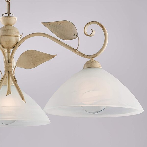 Lampadario in ferro laccato avorio con decorazione oro antico Avorio / Oro A 3 luci MOD ESSE Dimensioni 79x30xh 36 cm allungabile fino a 96 diffusori in vetro Alabastro bianchi