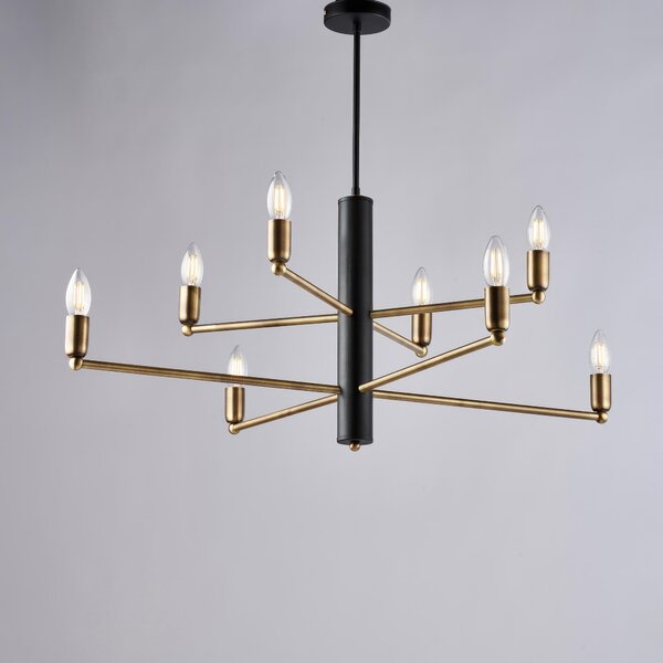 Sospensione Isak in Ferro Laccato Nero con Finiture Ottone Brunito Spazzolato, 66x�86 cm, 8 Luci E14 - 42 Watt Max, Nero