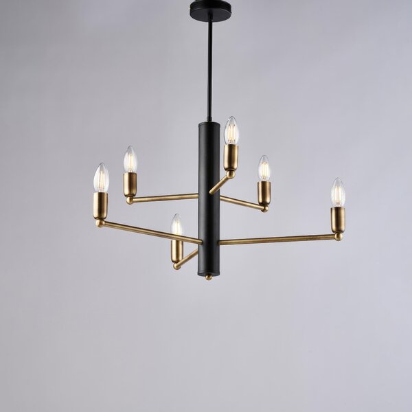 Sospensione Isak H.66 - �53 cm, Nero, in Ferro Laccato con Finiture in Ottone Brunito Spazzolato, 6 Luci E14 - 42 Watt Max