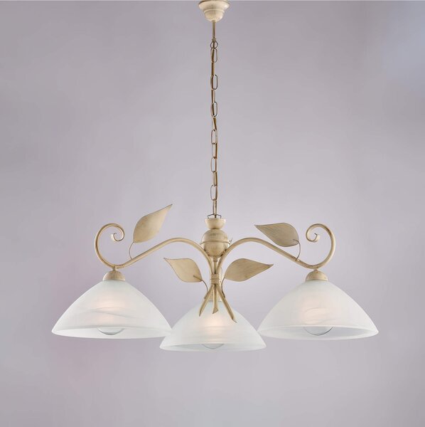 Lampadario in ferro laccato avorio con decorazione oro antico Avorio / Oro A 3 luci MOD ESSE Dimensioni 79x30xh 36 cm allungabile fino a 96 diffusori in vetro Alabastro bianchi