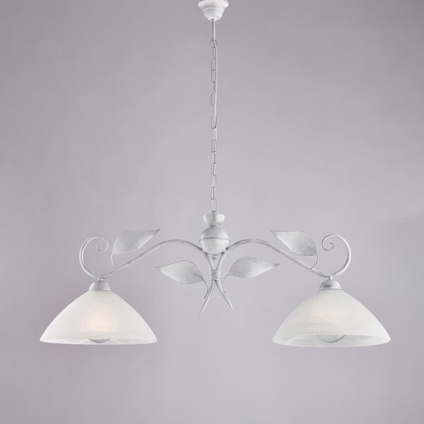 Lampadario Esse in Ferro Laccato Bianco e Argento, Dimensioni 96x30 x H36-96 cm, 2 Luci E27 - 55 Watt Max, con Diffusori in Vetro Alabastro Bianco
