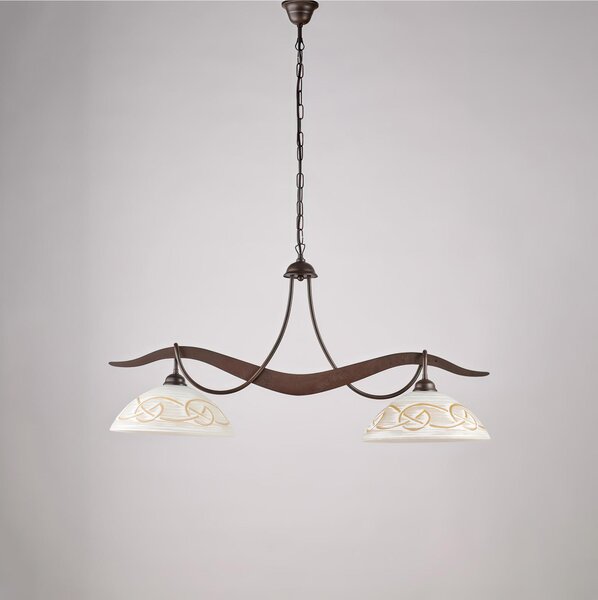 Lampadario in ferro laccato nero e decorazione effetto Nero/ruggine A 2 luci MOD BILBAO Dimensioni 89x30xh 36 cm allungabile fino a 96 diffusori in vetro bianchi e ambra