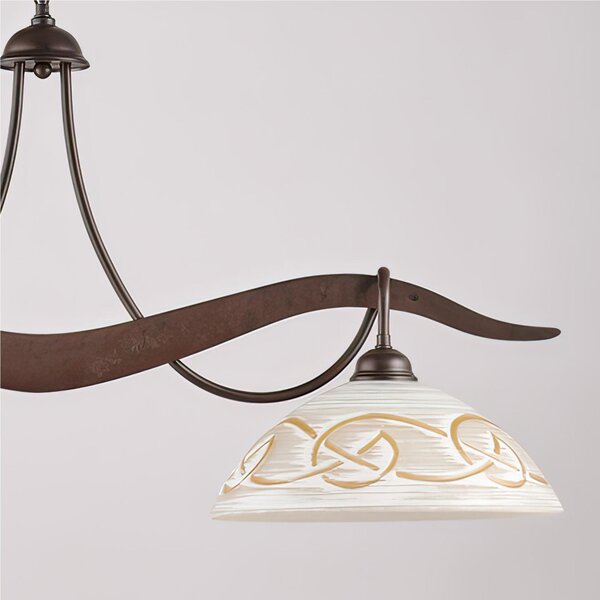 Lampadario in ferro laccato nero e decorazione effetto Nero/ruggine A 2 luci MOD BILBAO Dimensioni 89x30xh 36 cm allungabile fino a 96 diffusori in vetro bianchi e ambra