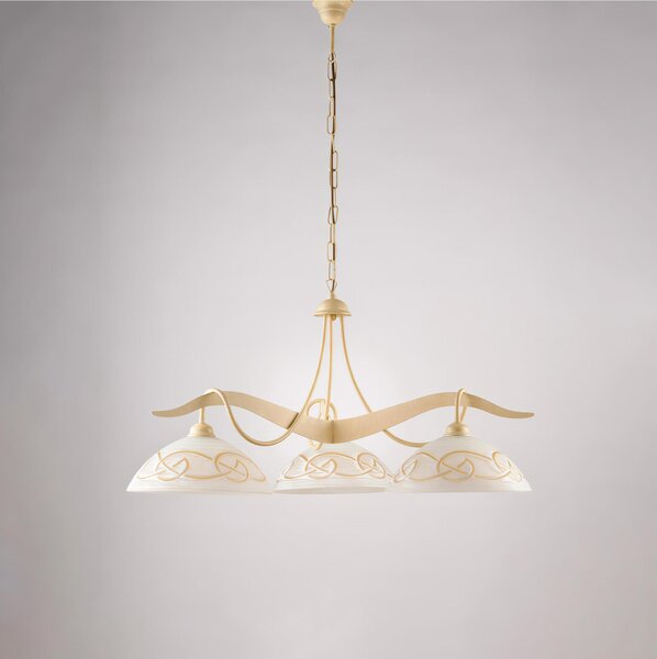 Lampadario in ferro laccato nero e decorazione effetto Avorio / Decap� A 3 luci MOD BILBAO Dimensioni 89x30xh 46 cm allungabile fino a 96 diffusori in vetro bianchi e ambra