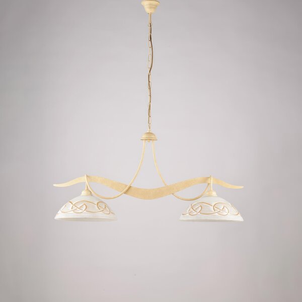Lampadario in ferro laccato avorio con decorazione effetto decap� BILBAO Dimensioni H. 46 Cm - Max 106 89c30xh 46 cm diffusori in vetro diametro 30 bianchi e ambra 2 luci