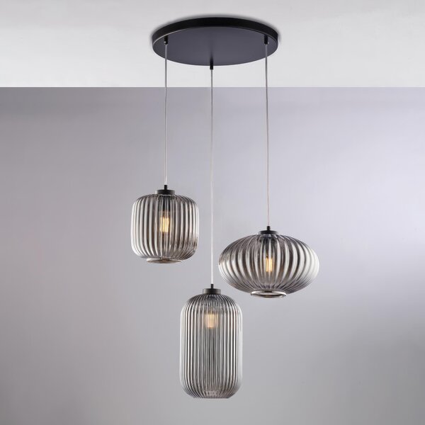 Sospensione Glamour in Ferro Laccato Nero, �55xH41-141 cm, 3 Luci E27 - 55W Max, Vetro Soffiato Grigio Specchiato con Decorazione Rigata in Rilievo