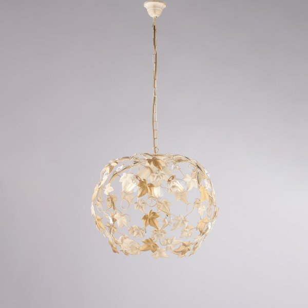 Lampadario Edera in ferro laccato avorio con decorazione oro chiaro e strass in cristallo 3 luci , altezza 45 Cm, Cavo allungabile fino a 105 Cm, larghezza 50 Cm
