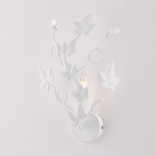 Applique Edera in ferro laccato bianco con decorazione shabby e strass in cristallo 1 luce , altezza 32 Cm, larghezza 22 Cm
