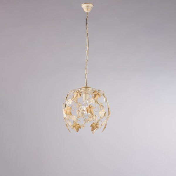 Lampadario Edera in ferro laccato avorio con decorazione oro chiaro e strass in cristallo 1 luce , altezza 37 Cm, Cavo allungabile fino a 97 Cm, larghezza 30 Cm