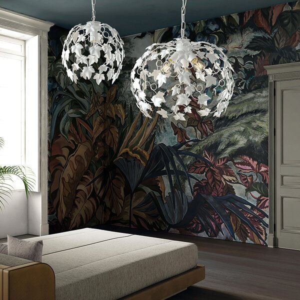 Lampadario Edera in ferro laccato bianco con decorazione shabby e strass in cristallo 3 luci , altezza 45 Cm, Cavo allungabile fino a 105 Cm, larghezza 50 Cm