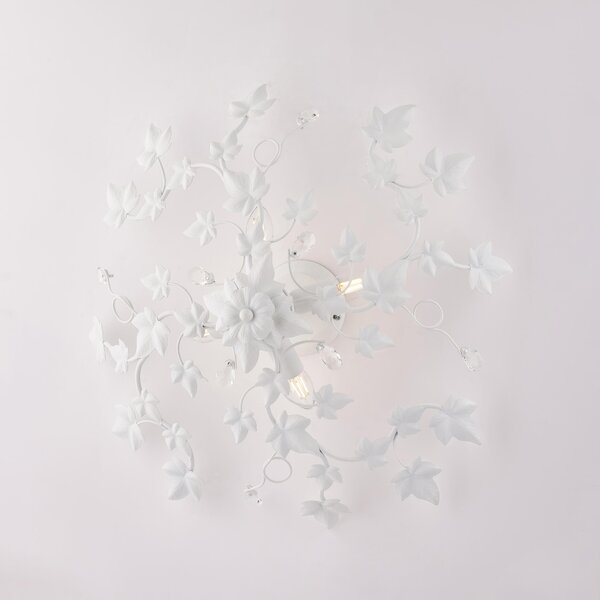 Plafoniera Edera in ferro laccato bianco con decorazione shabby e strass in cristallo 4 luci , altezza 22 Cm, larghezza 60 Cm