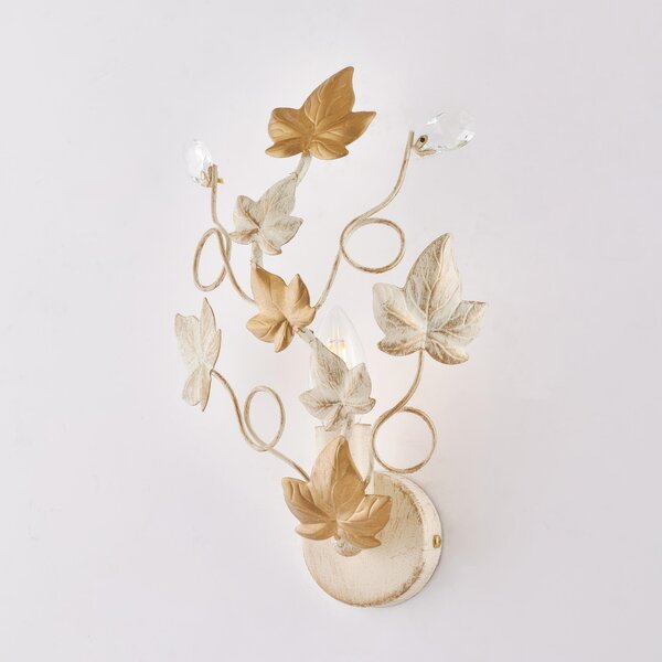 Applique Edera in ferro laccato avorio con decorazione oro chiaro e strass in cristallo 1 luce , altezza 32 Cm, larghezza 22 Cm