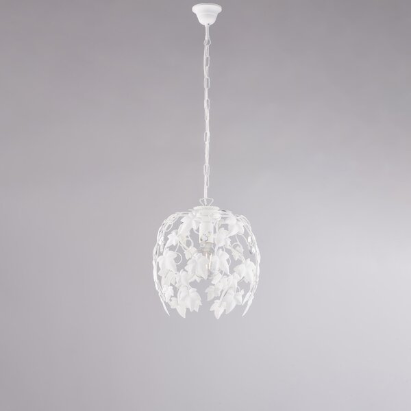 Lampadario Edera in ferro laccato bianco con decorazione shabby e strass in cristallo 1 luce , altezza 37 Cm, Cavo allungabile fino a 97 Cm, larghezza 30 Cm