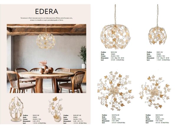 Applique Edera in ferro laccato avorio con decorazione oro chiaro e strass in cristallo 1 luce , altezza 32 Cm, larghezza 22 Cm