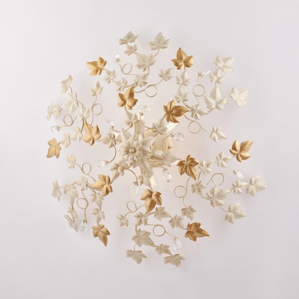 Plafoniera Edera in ferro laccato avorio con decorazione oro chiaro e strass in cristallo 6 luci , altezza 22 Cm, larghezza 80 Cm