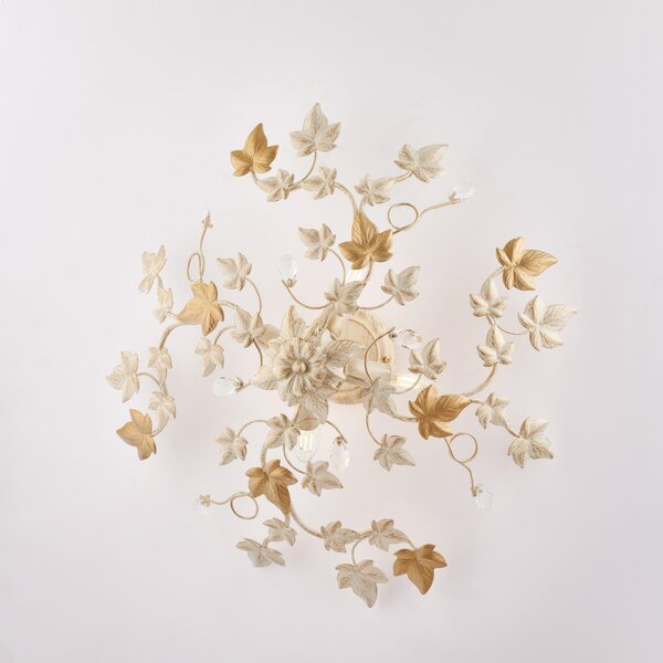 Plafoniera Edera in ferro laccato avorio con decorazione oro chiaro e strass in cristallo 4 luci , altezza 22 Cm, larghezza 60 Cm
