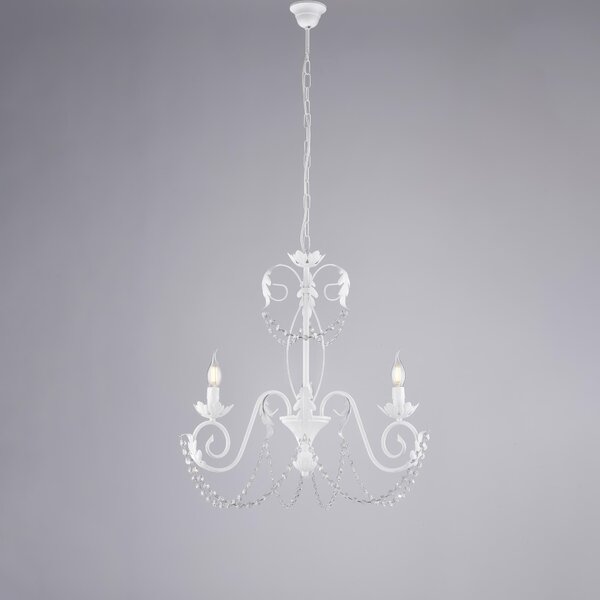 Lampadario Damasco in ferro laccato bianco con decorazione shabby e strass in cristallo 3 luci , altezza 60 Cm, Cavo allungabile fino a 120 Cm, larghezza 47 Cm