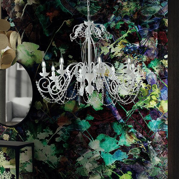 Lampadario Damasco in ferro laccato bianco con decorazione shabby e strass in cristallo 8 luci , altezza 70 Cm, Cavo allungabile fino a 130 Cm, larghezza 90 Cm