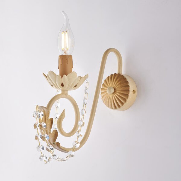 Applique Damasco in ferro laccato avorio con decorazione decap� e rifiniture oro con strass in cristallo 1 luce , altezza 28 Cm, larghezza 25 Cm