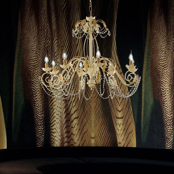 Lampadario Damasco in ferro laccato avorio con decorazione decap� e rifiniture oro con strass in cristallo 8 luci , altezza 70 Cm, Cavo allungabile fino a 130 Cm, larghezza 90 Cm