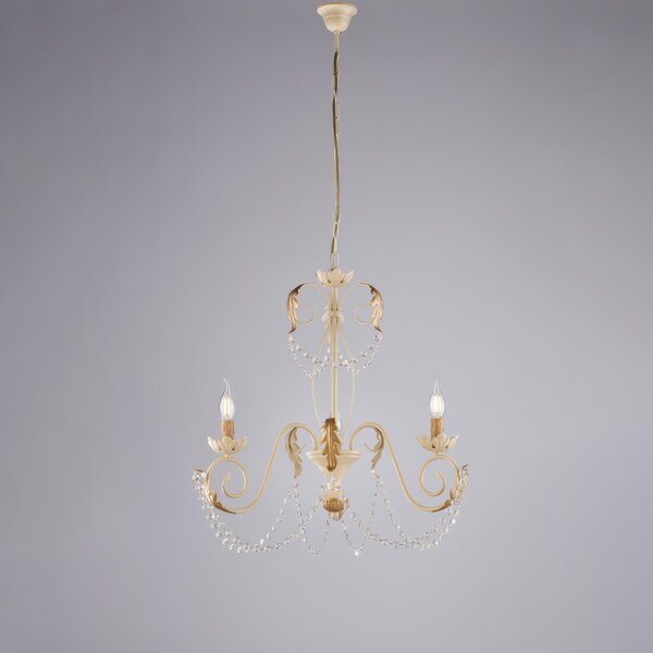 Lampadario Damasco in ferro laccato avorio con decorazione decap� e rifiniture oro con strass in cristallo 3 luci , altezza 60 Cm, Cavo allungabile fino a 120 Cm, larghezza 47 Cm