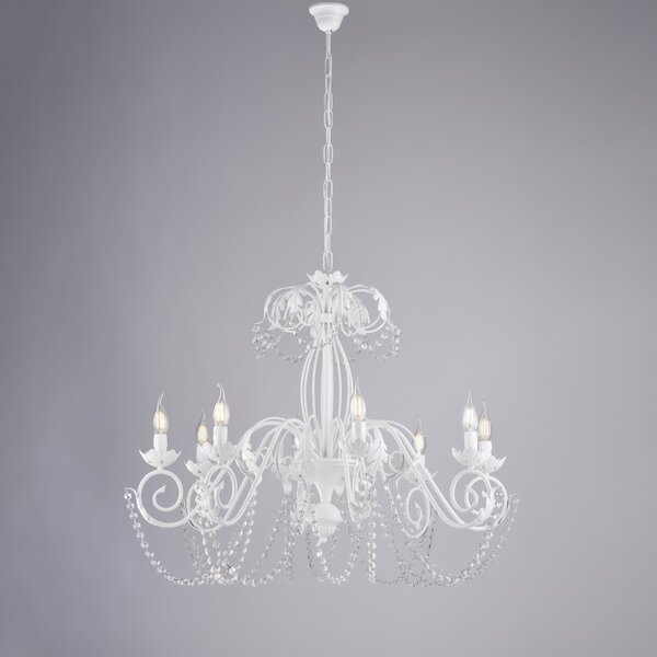 Lampadario Damasco in ferro laccato bianco con decorazione shabby e strass in cristallo 8 luci , altezza 70 Cm, Cavo allungabile fino a 130 Cm, larghezza 90 Cm