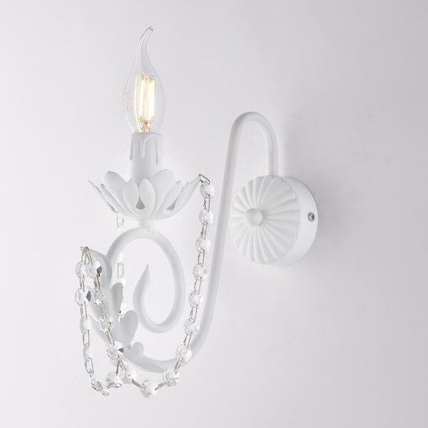 Applique Damasco in ferro laccato bianco con decorazione shabby e strass in cristallo 1 luce , altezza 28 Cm, larghezza 25 Cm