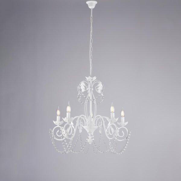Lampadario Damasco in ferro laccato bianco con decorazione shabby e strass in cristallo 5 luci , altezza 65 Cm, Cavo allungabile fino a 125 Cm, larghezza 63 Cm