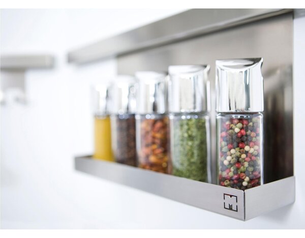 Portaspezie per 6 vasetti applicabile alla Barra da cucina sotto pensile CHIARA i Dimensioni 30x8x5.5 cm in Acciaio 18/10 Inox AISI 304 satinato